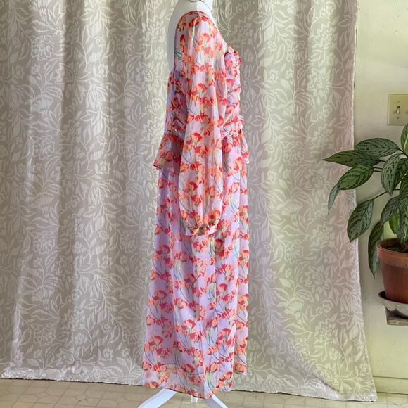 NWT BURU Lilac Floral Ruffle Midi Dress Long Sleeve Peplum Fairy Coquette sz 2X - Picture 2 of 8
